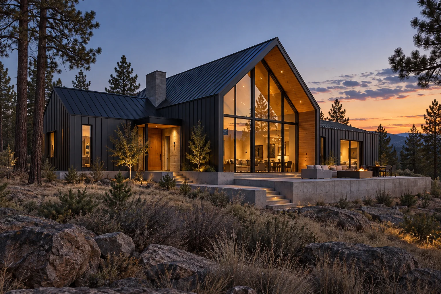 Design inspiration: charcoal steel barndominium with warm timber and glazing among pine trees
